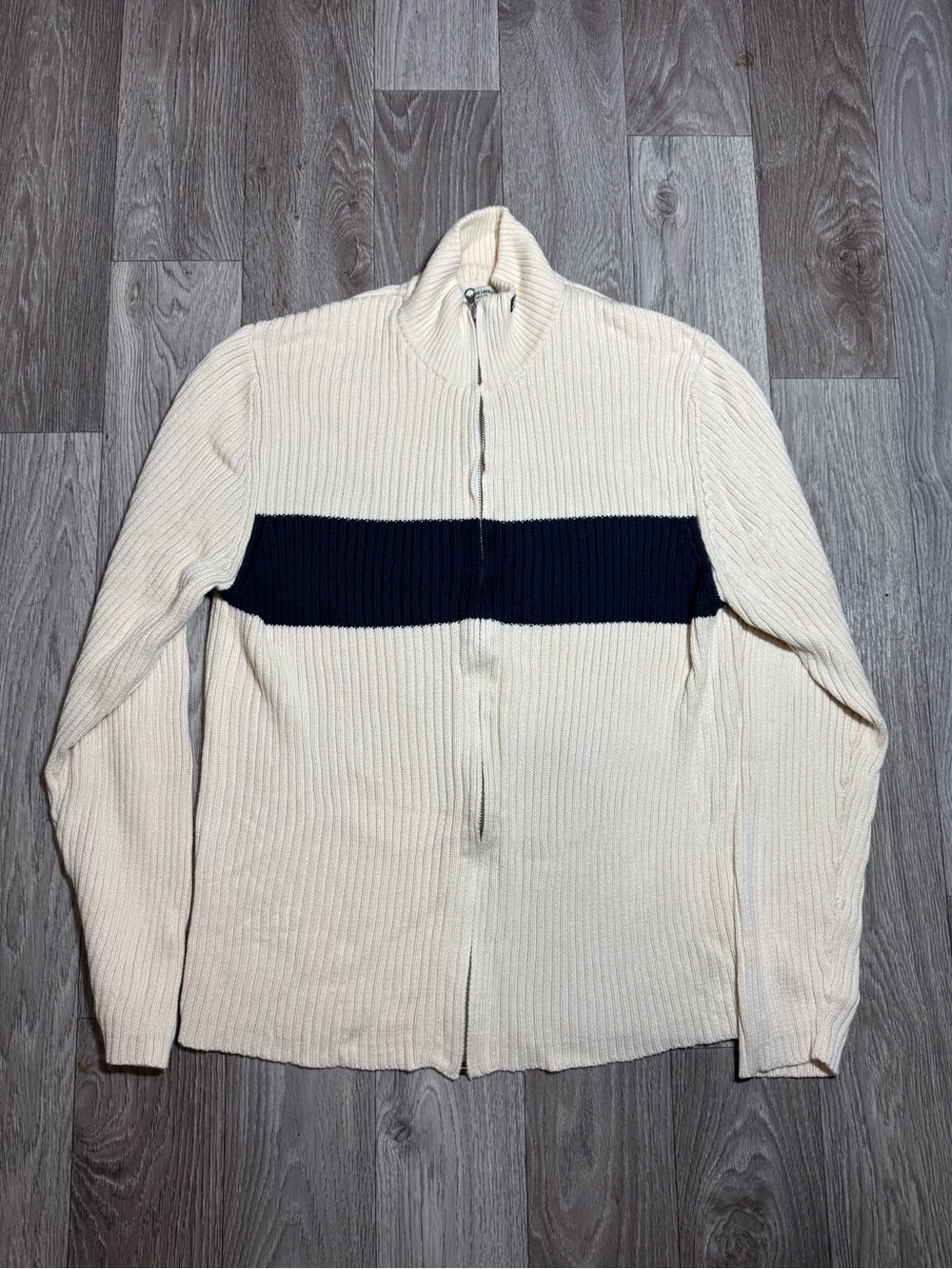 Vintage Polo Jeans Co Ralph Lauren Full Zip Sweater Mens Mock Neck Stripe Cream